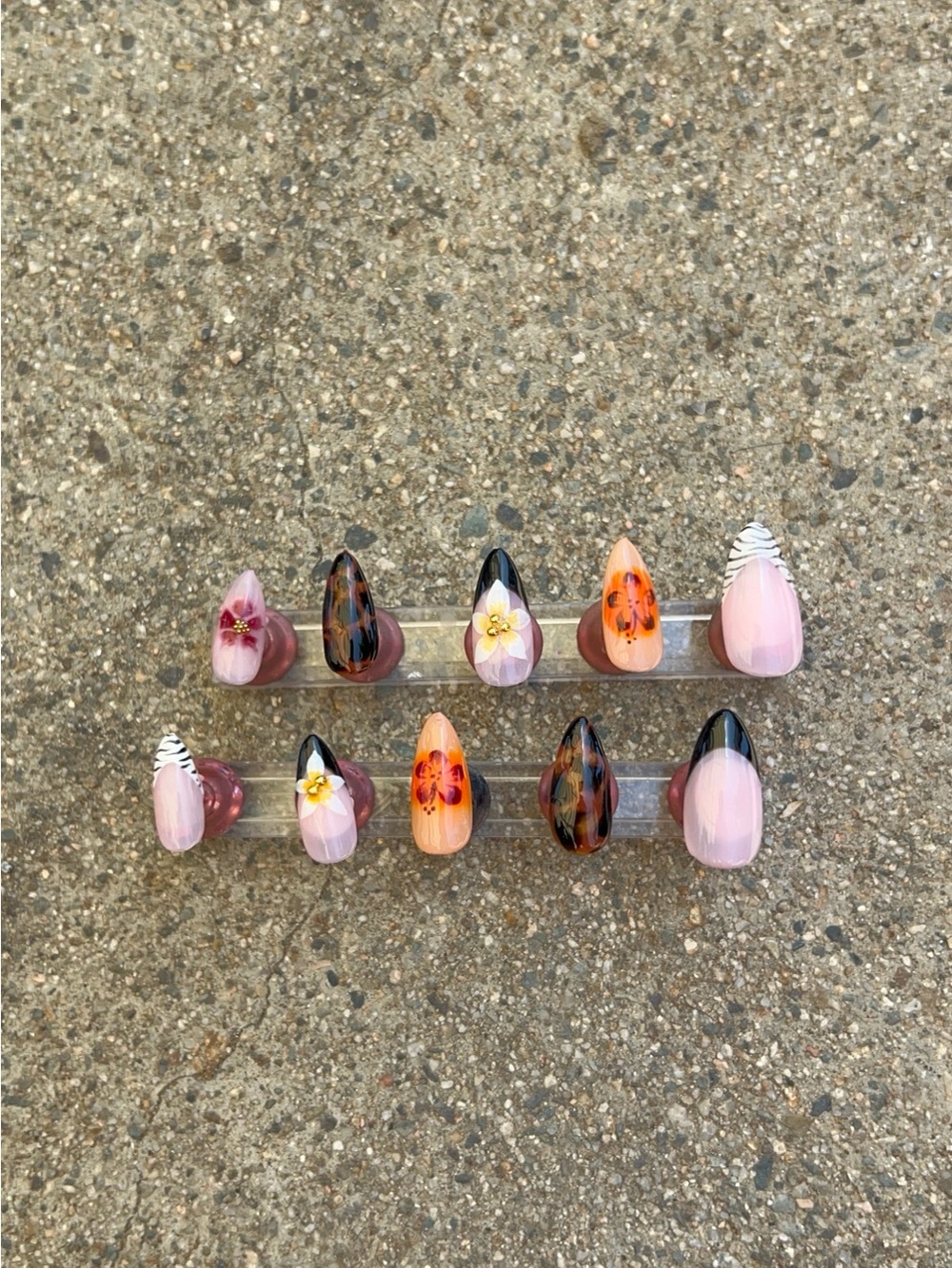 Hand-Painted Floral & Tortoise Press-On Nail Set - Pink & Orange Accents